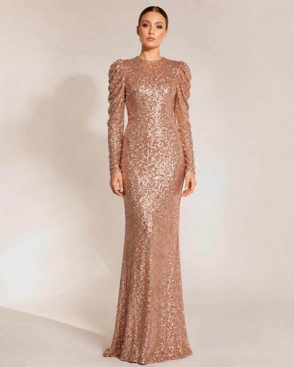Mac Duggal Sequin Gown Medium Copper Rose Gold Long Sleeve Formal Evening Dress